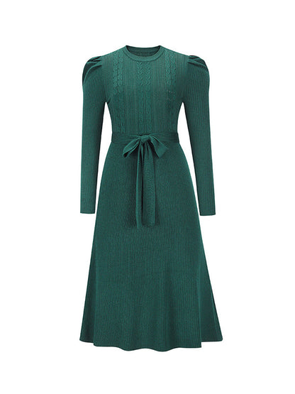 vmtvr - High Waisted Long Sleeves Solid Color Tied Waist Round-Neck Midi Dresses Sweater Dresses