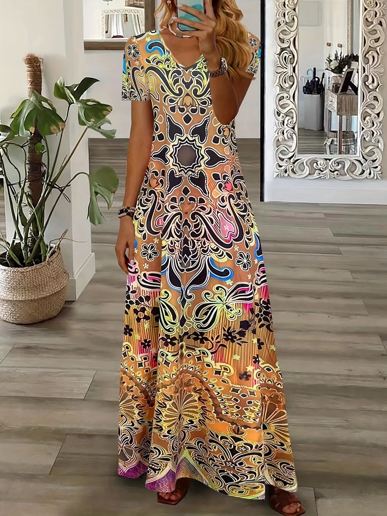 Ethnic Floral Print Dress, Boho V Neck Short Sleeve Maxi Dress, Women's Clothing