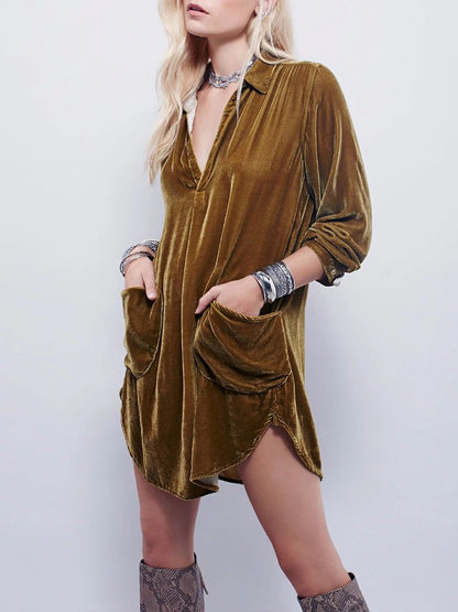 vmtvr - Fashion Deep V Neck Loose Velvet Shirt Mini Dress