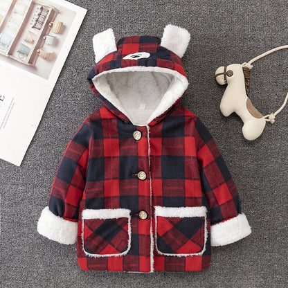 Boy's Cute Thermal Padded Jacket, Casual Warm Button Up Fleece Hooded Jacket For Outdoor Winter