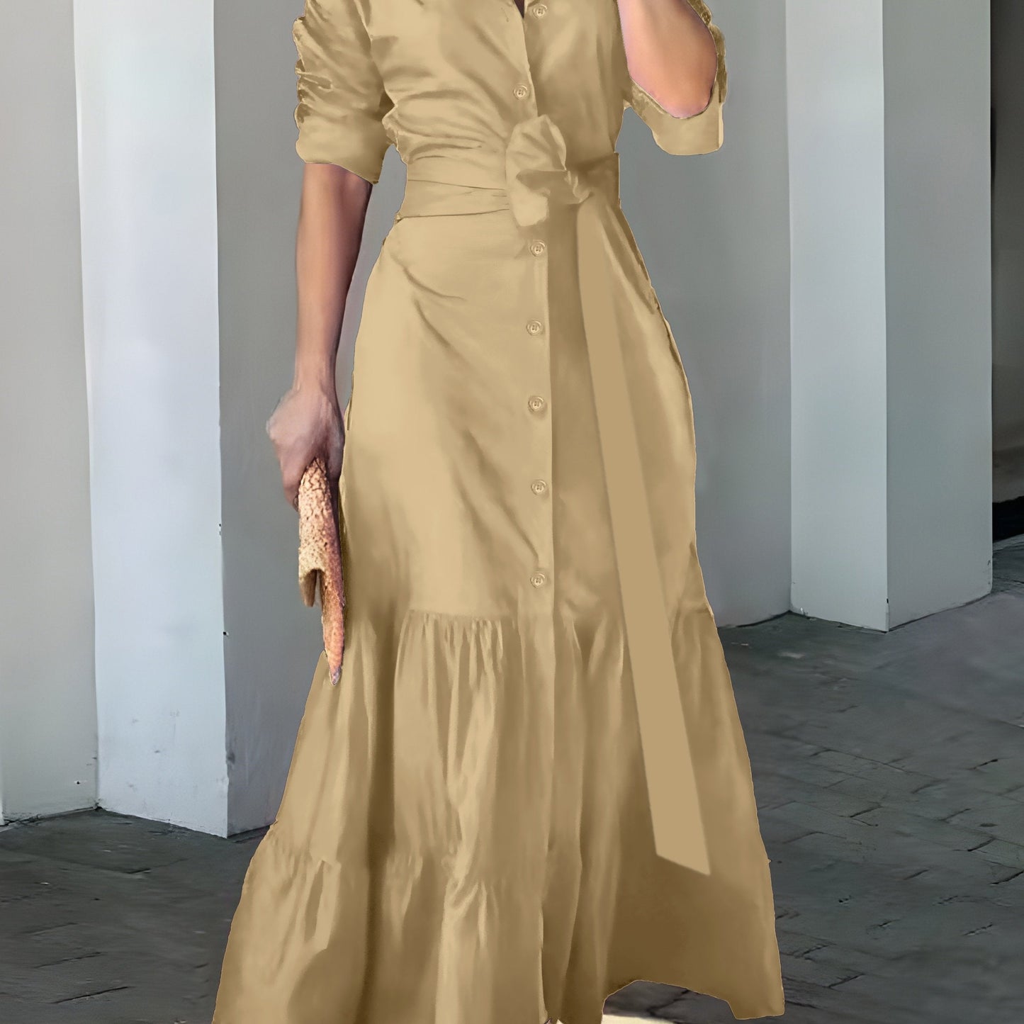 vmtvr - Solid Button Front Belted Dress, Elegant Ruched Sleeve Ruffle Trim Maxi Dress, Women's Clothing