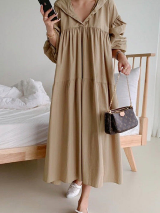 vmtvr - Urban Solid Color Pleated Long Sleeves Hooded Midi Dress