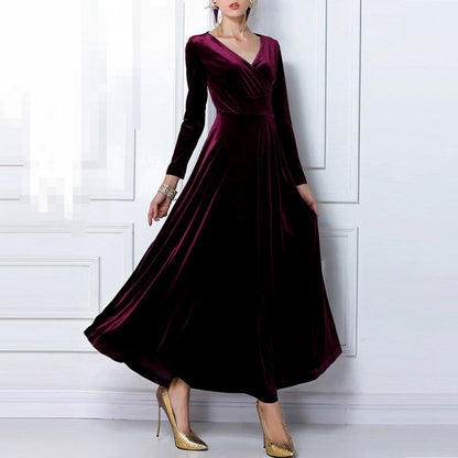 vmtvr - Elegant Solid Long Sleeved V-neck Velvet Maxi Dresses