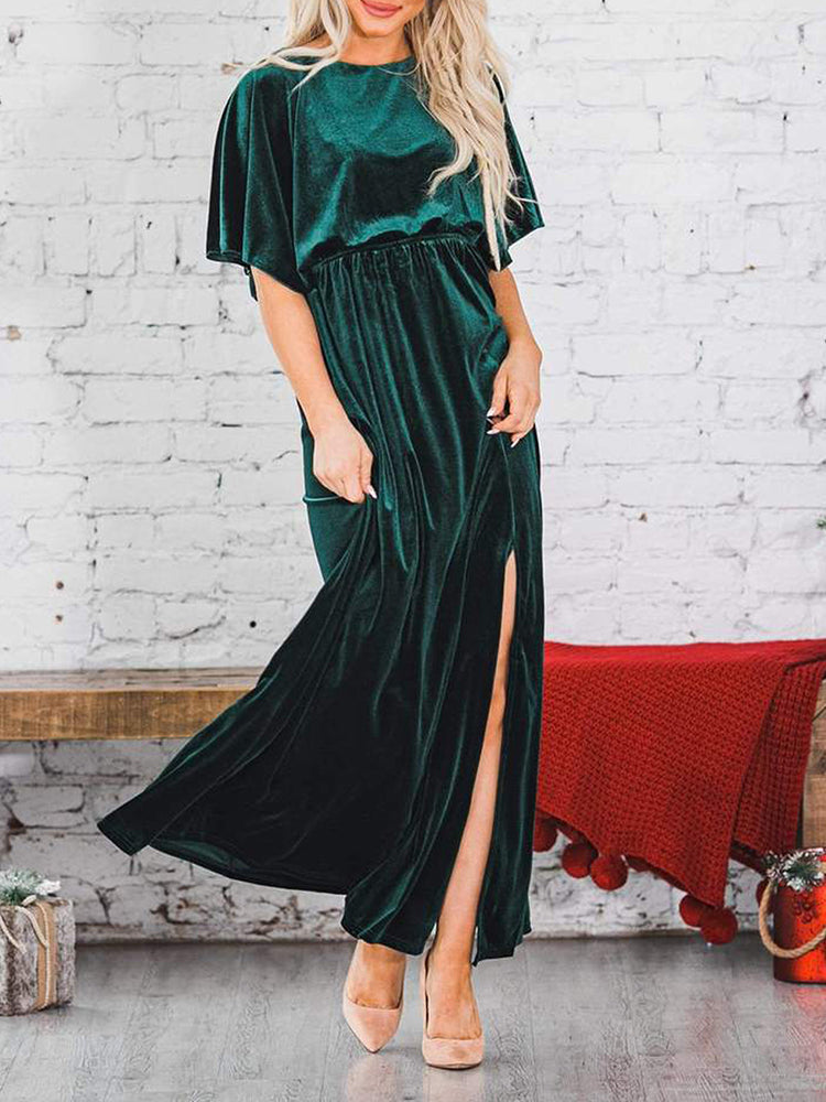 vmtvr - Fashion Velvet Round Neck High Slit Maxi Dresses