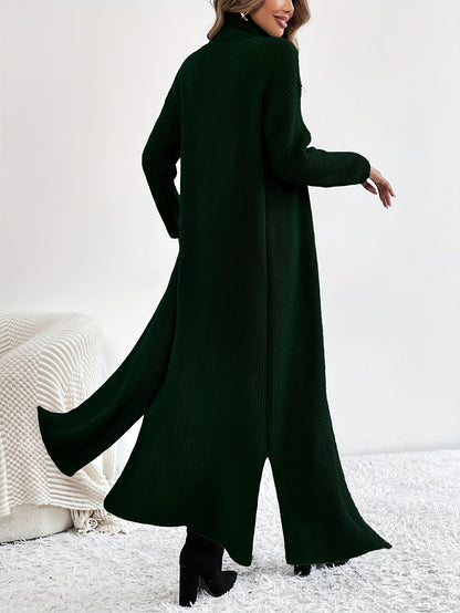 Solid High Neck Split Dress, Elegant Long Sleeve Maxi Dress, Women's Clothing