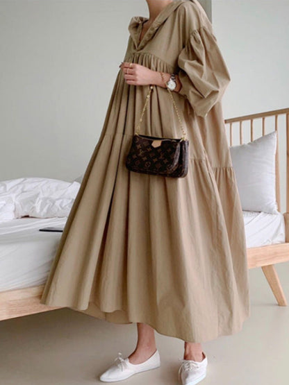 vmtvr - Urban Solid Color Pleated Long Sleeves Hooded Midi Dress