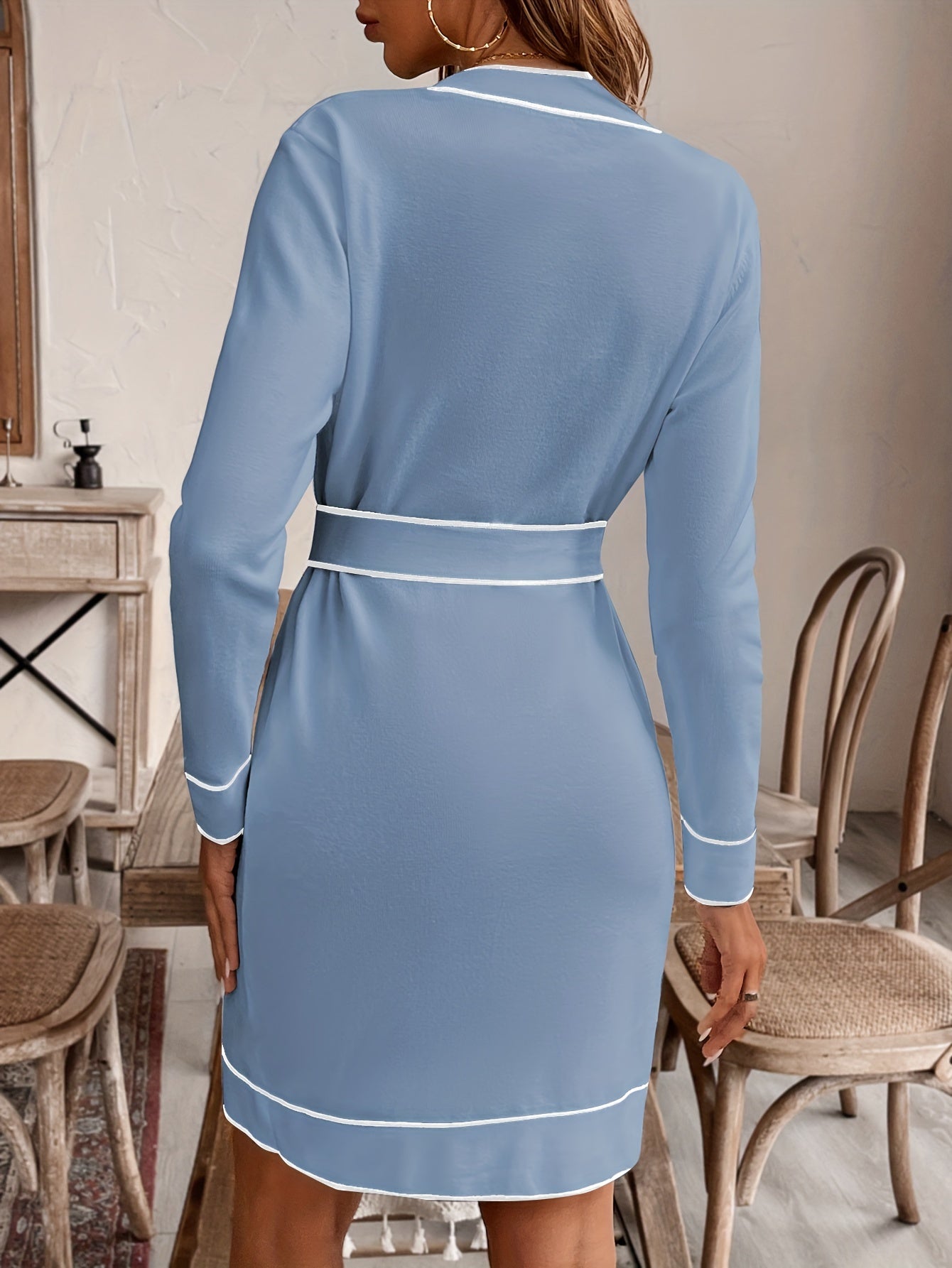 Contrast Trim V Neck Knitted Dress, Elegant Botton Front Belted Long Sleeve Sweater Dress For Fall & Winter, Women's Clothing