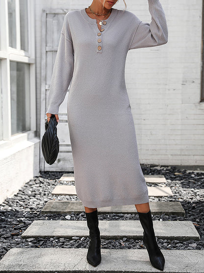 vmtvr - Long Sleeves Loose Buttoned Split-Joint Round-Neck Midi Dresses Sweater Dresses