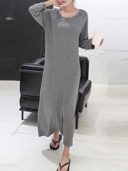 vmtvr - Simple Modal Solid Color Round-Neck Long Sleeves Midi Dress