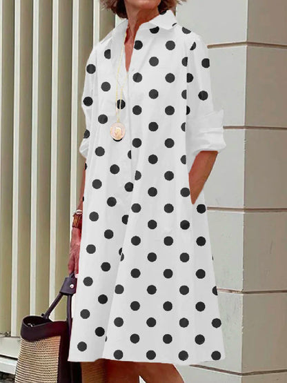 vmtvr - Vintage Long Sleeves Polka Dot Lapel Midi Dresses