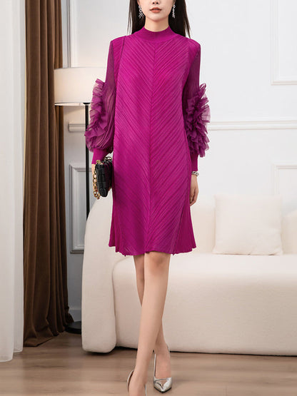 vmtvr - Long Sleeves Loose Embroidered Pleated Solid Color Round-Neck Midi Dresses