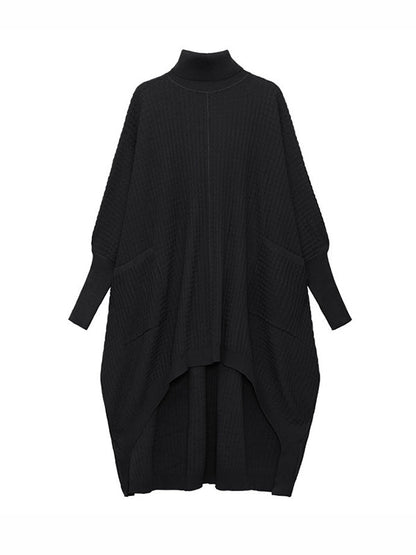 vmtvr - Batwing Sleeves High-Low Pockets Solid Color High-Neck Midi Dresses Sweater Dresses