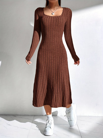 Chic Ribbed Knit Sweater Dress for Women - Casual Square Neck, Long Sleeve with Stretch, Machine Washable - Perfect for Fall/Winter