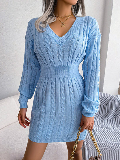 vmtvr - High Waisted Long Sleeves Solid Color V-Neck Mini Dresses Sweater Dresses