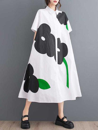 vmtvr - Loose Short Sleeves Buttoned Floral Printed Lapel Collar Midi Dresses