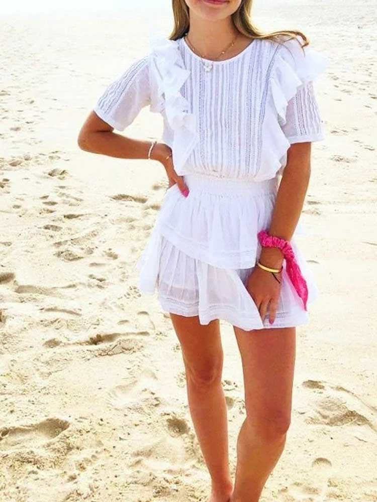 vmtvr Summer Short Sleeve Vocation Women White Mini Dress Holiday Lace Ruffled Dress Pink