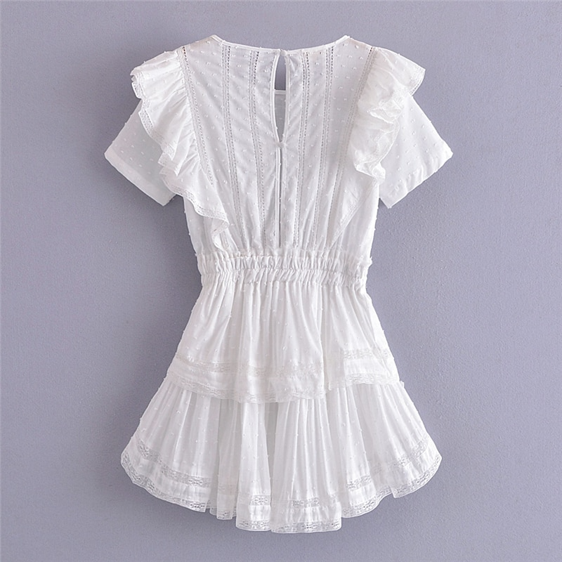 vmtvr Summer Short Sleeve Vocation Women White Mini Dress Holiday Lace Ruffled Dress Pink