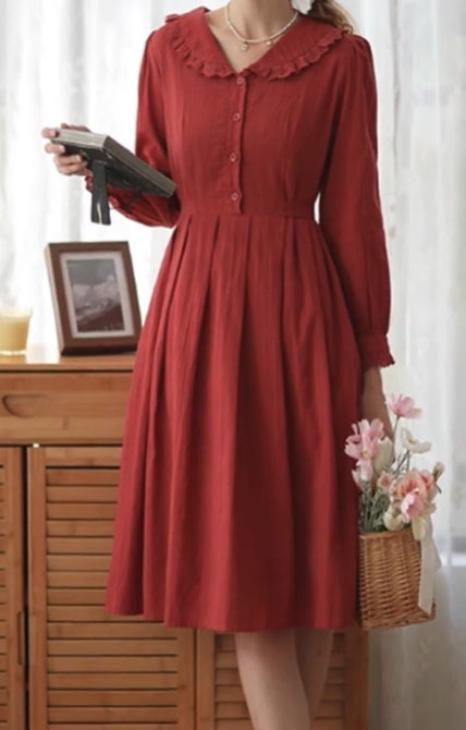 vmtvr autumn dress Autumn and Winter New Ethnic Style Elegant Waist Cotton and Linen plus Size Doll Collar Retro Slimming Dress Women