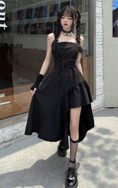 vmtvr cybergoth dress to impress Sweet Cool Style Small Strap Small Black Dress New Dark Irregular Strap Dress Women