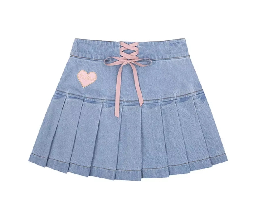 vmtvr Y2K Love Embroidery Jeans Skirts Women Fashion Streetwear Mini Skirts Summer All Match Female High Waist Pleated Skirts