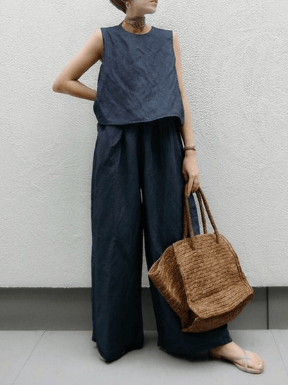 vmtvr - Sleeveless Linen Vest & wide-leg Trousers Sets