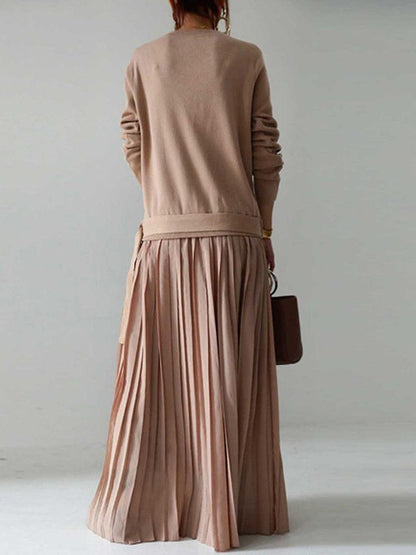 vmtvr - Belt Solid Pullover Knit Panel Pleated Dress