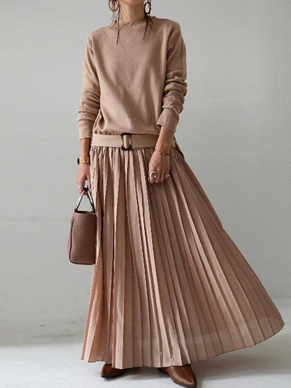 vmtvr - Belt Solid Pullover Knit Panel Pleated Dress