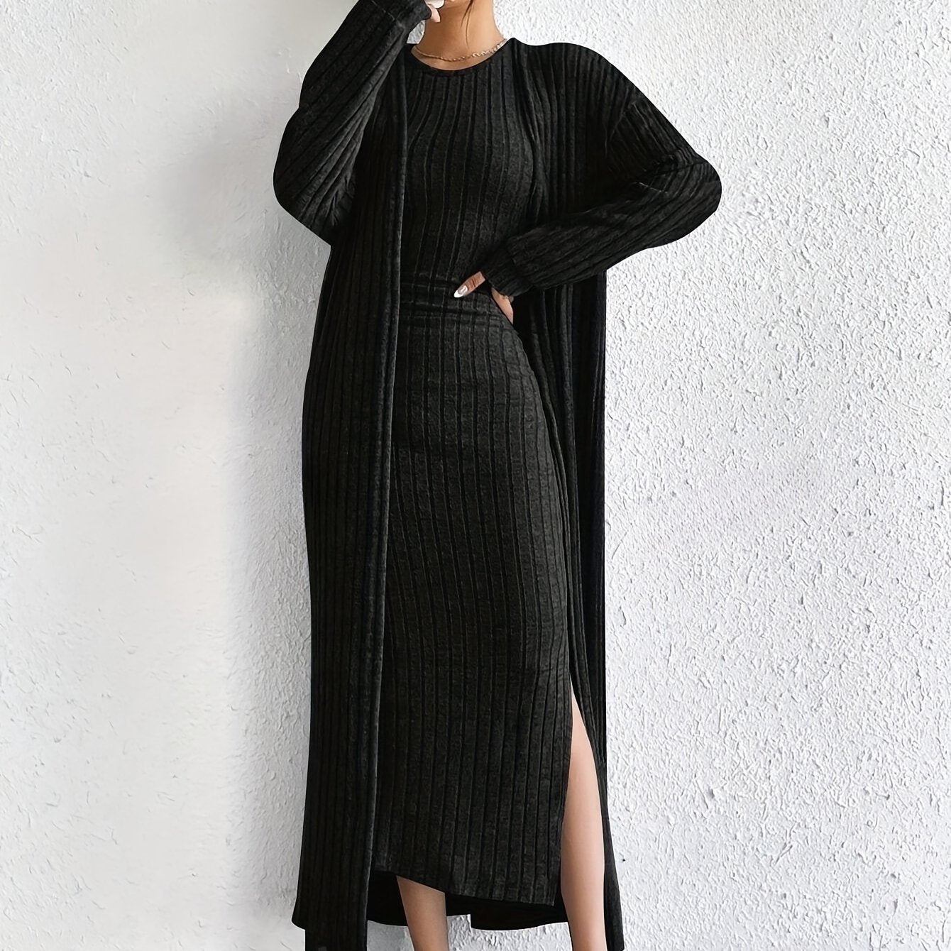 Solid Ribbed Knitted Dress Set, Elegant Open Front Long Sleeve Drop Shoulder Cardigan & Crew Neck Split Tank Dress Outfits, Women's Clothing