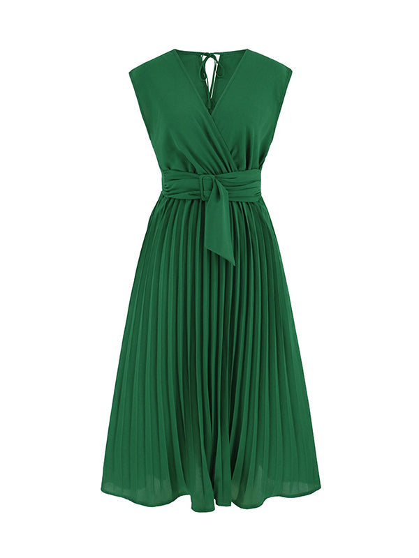 vmtvr - Sleeveless Pleated Solid Color Tied Waist V-Neck Midi Dresses