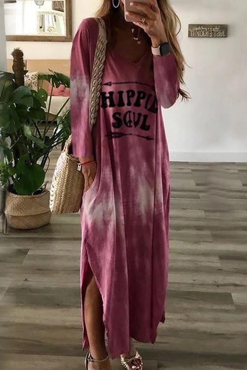 Letter Side Slit Long Sleeve Maxi Dress