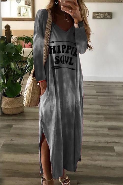 Letter Side Slit Long Sleeve Maxi Dress