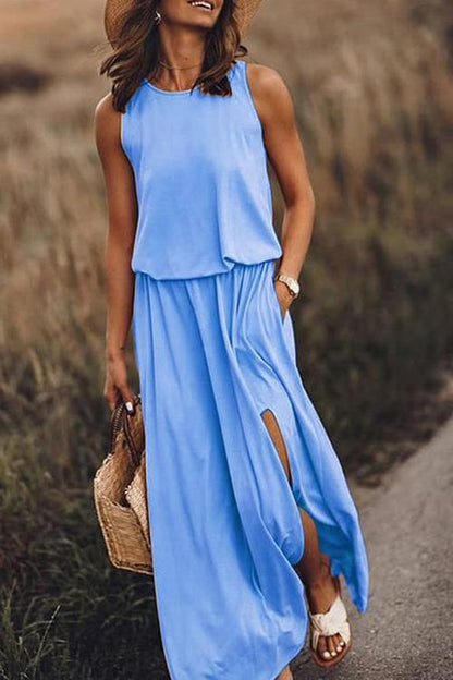 Pockets O Neck Sleeveless Slit Maxi Dress