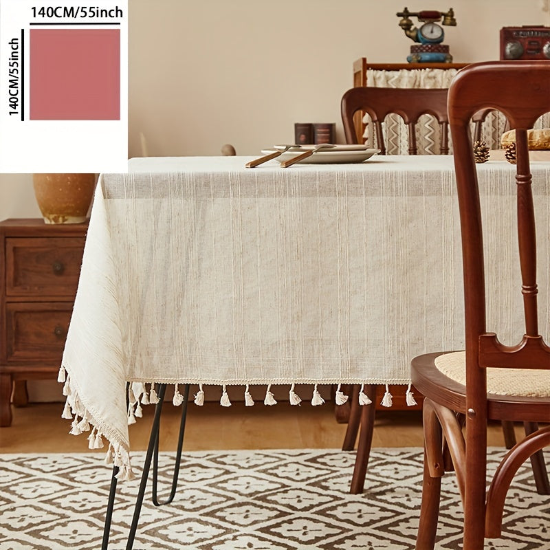 1pc Handcrafted Thick Linen Striped Tablecloth - Square, Polyester Blend for Kitchen & Dining Room Decor