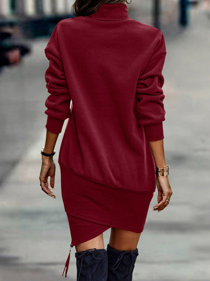 Casual Long Sleeves Solid Color High-Neck Mini Dresses