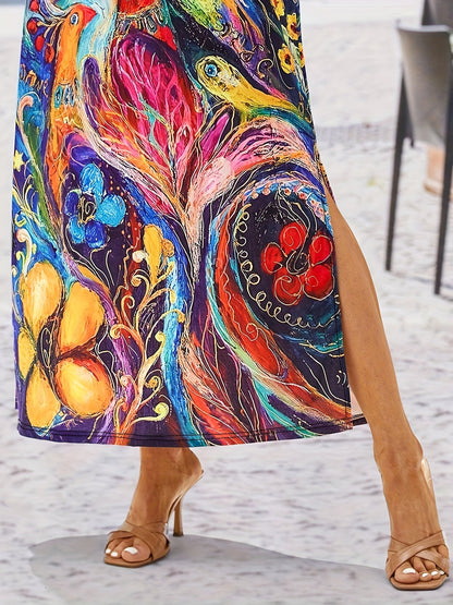 Peacock Print Split Dress, Boho V Neck Short Sleeve Maxi Dress, Women's Clothing