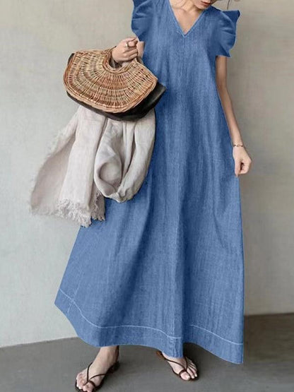 vmtvr - Fly-sleeve Denim Tie Back V-Neck Long Dress