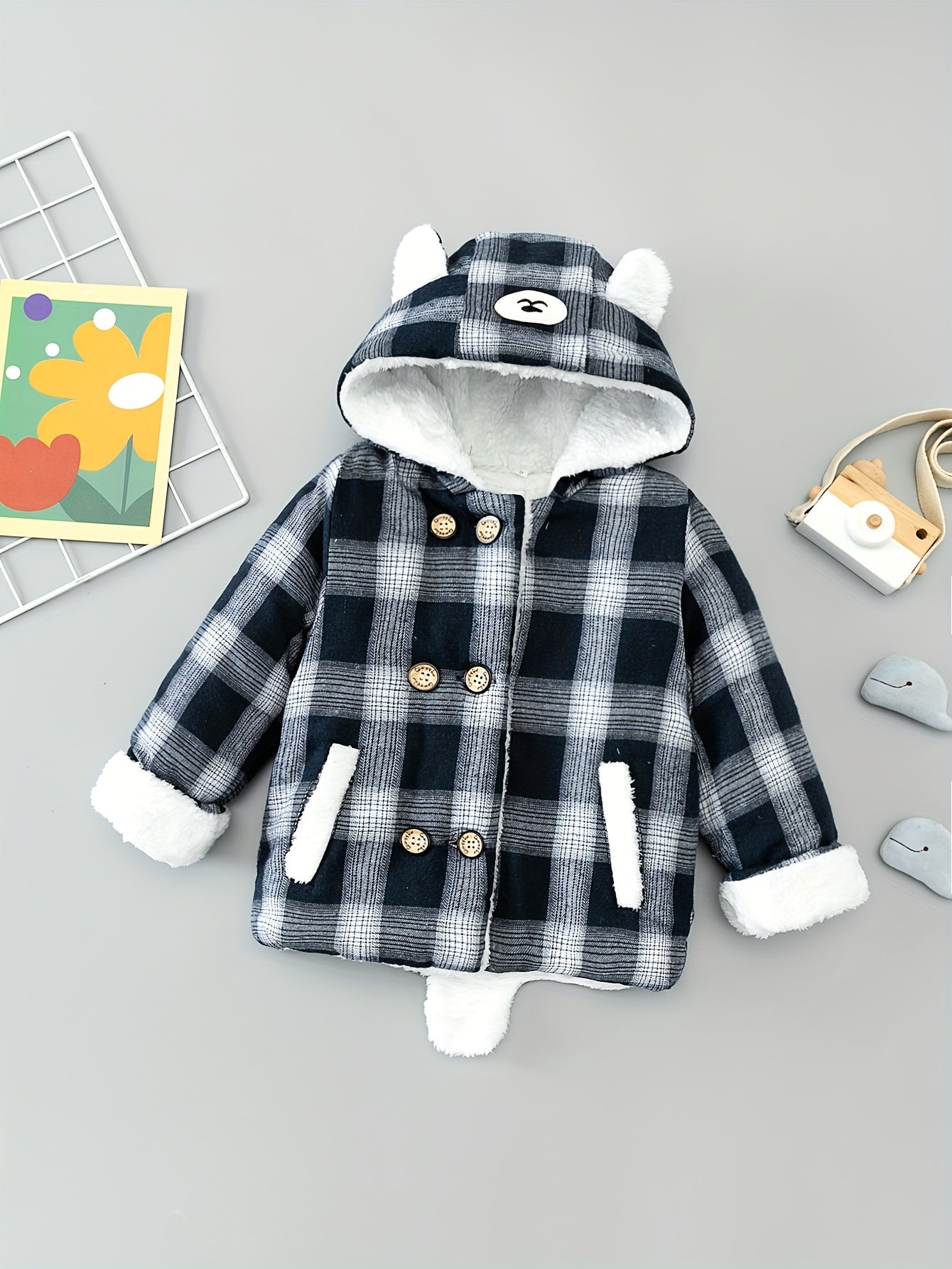 Boy's Cute Thermal Padded Jacket, Casual Warm Button Up Fleece Hooded Jacket For Outdoor Winter