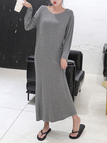 vmtvr - Simple Modal Solid Color Round-Neck Long Sleeves Midi Dress