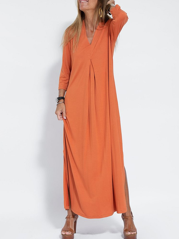 vmtvr - Long Sleeves Loose Solid Color Split-Side V-Neck Maxi Dresses