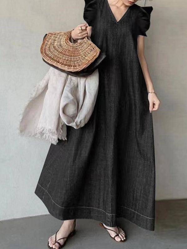 vmtvr - Fly-sleeve Denim Tie Back V-Neck Long Dress