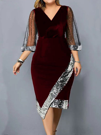 vmtvr - Bodycon Wrap Contrast Color Mesh Sequined Split-Joint V-Neck Midi Dresses