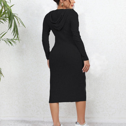 Chic Ribbed Knit Hoodie Dress for Spring/Fall: Long Sleeve, Easy Care, Durable - Perfect Casual Comfort