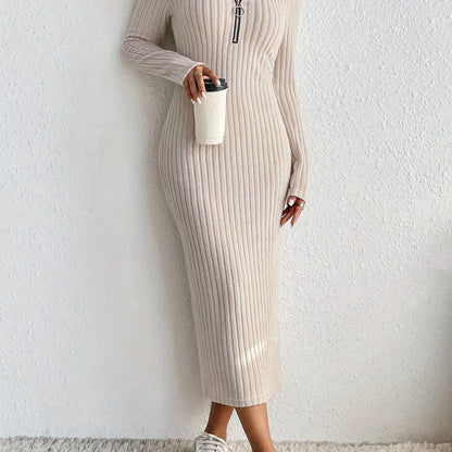 Elegant Spring/Fall V-Neck Pencil Dress - Comfortable Mid-Elastic Knit, Chic Zip-Up, Durable & Easy-Care