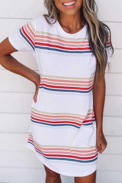 Casual Striped Character Print Contrast O Neck Short Sleeve Dress Dresses