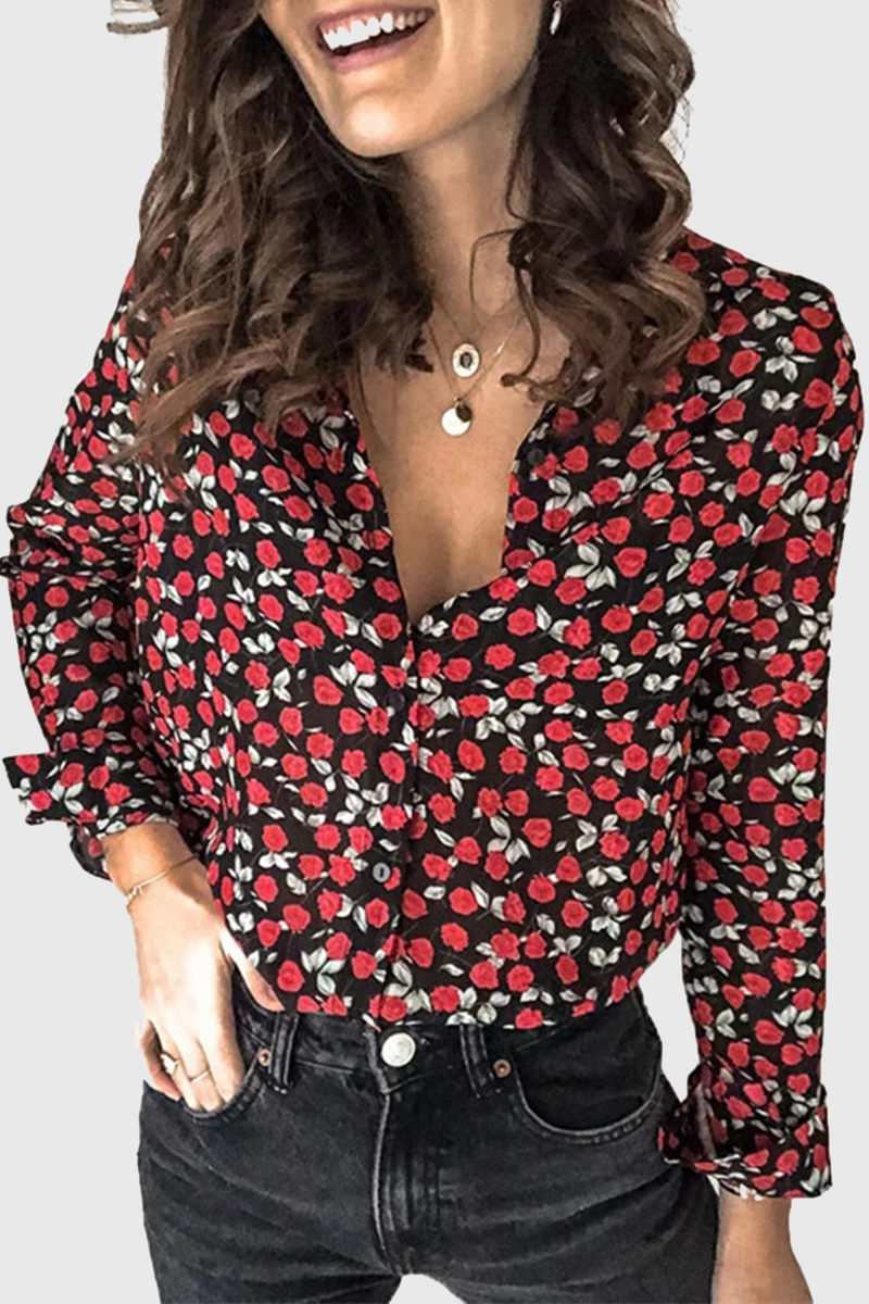 Elegant Floral Buckle Mandarin Collar Tops