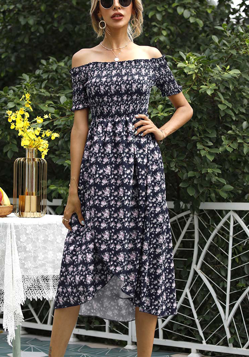 Elegant Floral Split Joint Off the Shoulder A Line Dresses