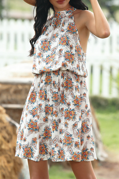 Elegant Floral O Neck Waist Skirt Dresses