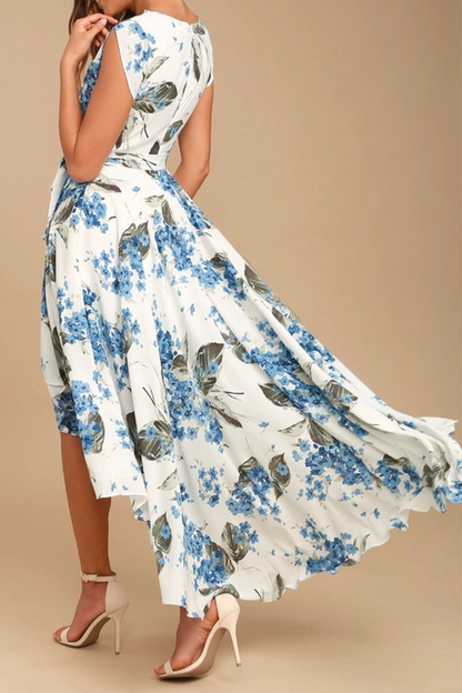 Elegant Floral Frenulum With Belt Irregular Dress Dresses(3 colors)