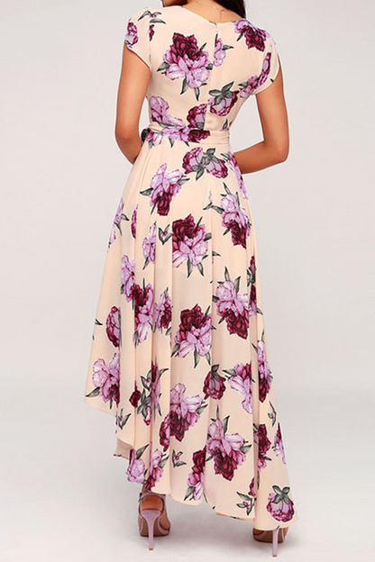 Elegant Floral Frenulum With Belt Irregular Dress Dresses(3 colors)