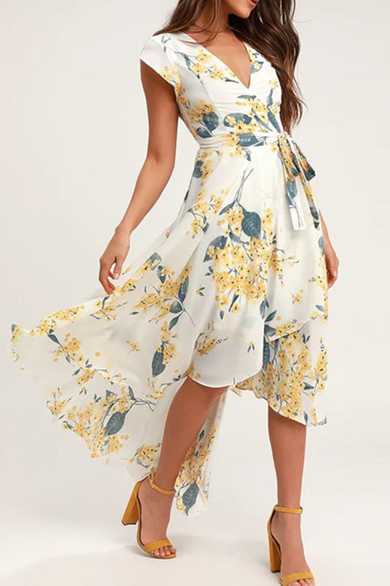 Elegant Floral Frenulum With Belt Irregular Dress Dresses(3 colors)